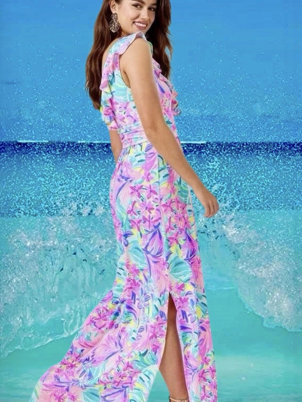 Lilly Pulitzer Mirella Maxi Ruffle V-Neck Maxi Dress - Pink Tropical - Picture 2 of 3